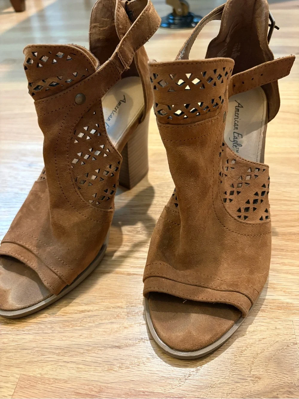 American Eagle Outfitters Tan Suede Laser-Cut Block Heel Sandals